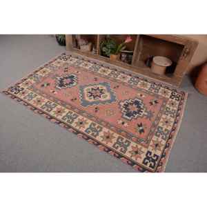 พรมตุรกีวินเทจคลาสสิกสีชมพูสีฟ้า4.1 x 6.4ft พื้นที่ขนาดใหญ่ผ้าขนสัตว์ด้านหลังรูปแบบนามธรรมสำหรับวัยรุ่นสี่เหลี่ยมผืนผ้าห้องโถง - Product Image 3