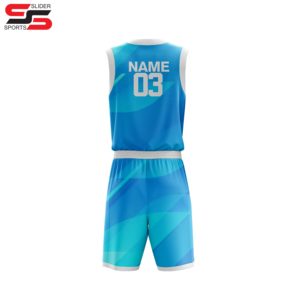 Vente en gros de maillots de basket-ball sublimés, uniformes de basket-ball réversibles en maille de couleur bleu blanc avec logo personnalisé - Product Image 4