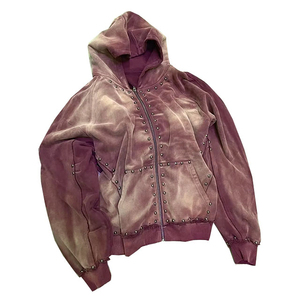 2025 nouveau Logo personnalisé sweat zippé haute qualité coton surdimensionné soleil délavé acide lavage strass pull à capuche - Product Image 3