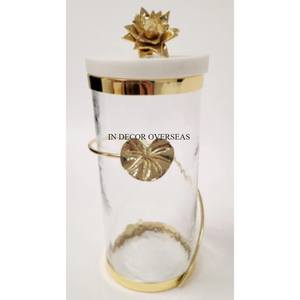 Direct Factory Supply Gold Plated Metal Made Base And Leaves Designer Top Lid For Hammered Texture Clear <b>Glass</b> Canister Supplies - Product Image 4