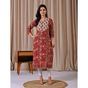 Kurti droit en coton rouge, style décontracté, pour le club ou le quotidien, respirant, imprimé Jaal, longueur au sol, design ODM - Product Image 3