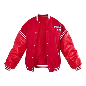 Wholesale Red Varsity <b>Jacket</b> Women PU Leather Sleeves Embroidered Logo Front Turn-Down Collar Full Sleeve Autumn Style - Product Image 4