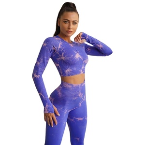 Tie Dye Yoga manga larga Top Legging deportes Fitness trajes 2 piezas conjuntos mujeres trajes gimnasio entrenamiento ropa conjunto para mujeres Yoga conjunto - Product Image 1
