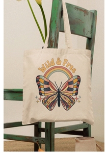 Rainbow Butterfly Printed Cotton Canvas Tote <b>Bag</b> In Beige With Multicolour Design & Inspirational Text Styled For Everyday Carry - Product Image 3