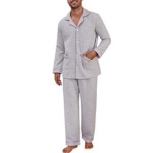 100% coton hommes vêtements de nuit pyjama ensemble confortable col rond t-shirt taille élastique pantalon noir uni vêtements de nuit taille élastique pantalon - Product Image 2