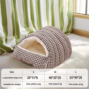 Cama para Mascotas Personalizada OEM, Cerrada, Desmontable, Lavable, Universal, Nido para Mascotas, Cuatro Estaciones, Cálida, de Algodón a Cuadros, para Gatos y Perros, Uso en Interiores - Product Image 4