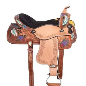 Silla de montar de Carreras de Caballos de cuero occidental hecha a mano ajustable asiento profundo con Árbol de madera OEM suministro de tachuelas ecuestres al por mayor - Product Image 3