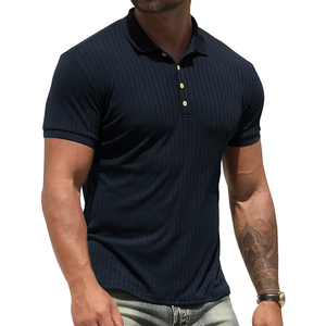 Men's Navy <b>Blue</b> Short Sleeve <b>Polo</b> <b>Shirt</b> Striped Knitted Casual Button Design Regular Fit - Product Image 1