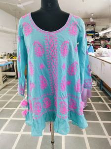 Summer Paisley <b>Embroidered</b> Women <b>Tunic</b> Cotton Sexy Back Plunging Boho Ladies Floral Balloon Sleeves Short <b>Tunic</b> With Tassel Tie - Product Image 5