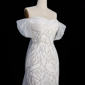 Jancember LSZ636 <span class=keywords><strong>Abito</strong></span> da sera a sirena bianco con scollo a cuore, paillettes e strascico, modello slim, molto popolare - Product Image 5