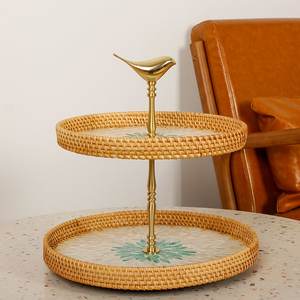 Plateau en rotin à Snack à Double couche de Style Unique de luxe avec incrustation de nacre plateau de service rond à 2 niveaux - Product Image 6
