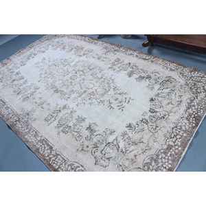 Alfombra Turca Vintage de 6.1x10.2 pies, Alfombra Grande, Alfombra de Lana a Rayas Marrón y Blanca - Product Image 4