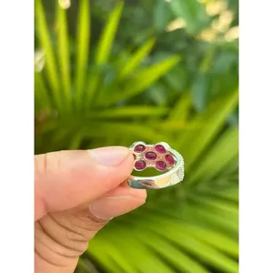 925 Silver Natural Ruby <b>Cluster</b> Ring Bezel Set Boho Style 24K Gold Plated Statement Ring for Everyday Wear Featuring Jade - Product Image 4