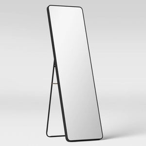 Slim Standing Full Length Floor <b>Mirror</b> with <b>Black</b> <b>Metal</b> <b>Frame</b> for Stylish Modern Bedroom Interior Decor - Product Image 1