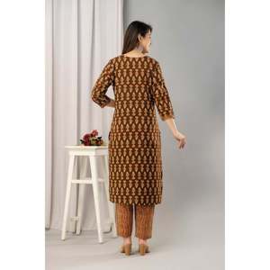 Kurta et pantalon en coton pur marron imprimé pour femme, modèle Banarasi, vêtements ethniques indiens, broderie, sari, choli, salwar pour les festivals - Product Image 4