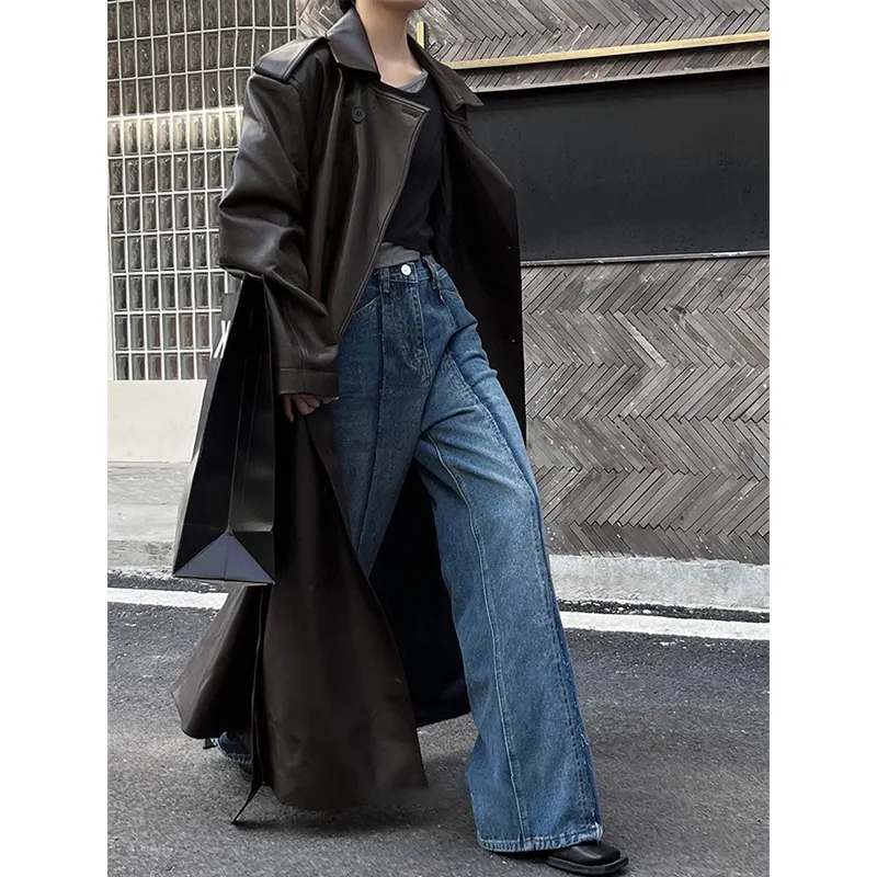 Brand famous 2023 Fashion Faux leather trench coat classic oversized ladies black long pu leather overcoats windbreaker