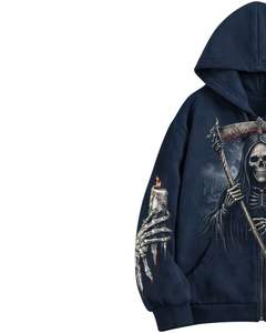 Sudadera con Capucha Personalizada Azul Marino con Diseño de Calavera Gótica, Chaqueta de Forro Polar Grueso con Estampado en las Mangas, Sudadera de Invierno Personalizada - Product Image 2