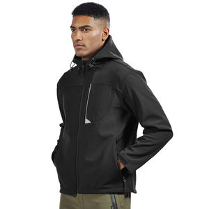 Veste Softshell à capuche noire imperméable coupe-vent pour l'extérieur Veste de sport à fermeture éclair complète avec poches Logo personnalisé Fabricant OEM - Product Image 5