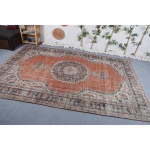 Alfombra turca Vintage de 6,9x10,8 pies, diseño de retazos naranja y azul, técnica de tejido plano de lana, látex para decoración de sala de estar - Product Image 2