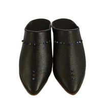 Babouches marocaines noires pointues faites à la main et cousues à la main avec dessus en cuir véritable et semelle en caoutchouc antidérapante unisexe pour femmes et hommes