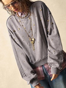 Sudadera suave y cálida con cuello redondo y diamantes de imitación para mujer, Jersey de algodón polar, ropa de calle de gran tamaño, camisa corta Vintage a la moda - Product Image 2