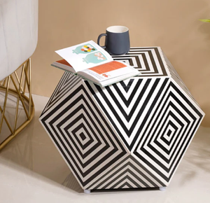 Table hexagonale ornée avec un design distinctif d'incrustation d'os vert et blanc sur une base solide, Table basse au prix de gros - Product Image 3