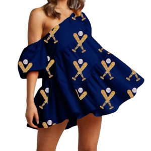 Unique <b>Summer</b> Mini Off-shoulder Game Day <b>Dresses</b> with Baseball and Bat-themed Sequin Patches Breathable Fabric for Women Girls - Product Image 1