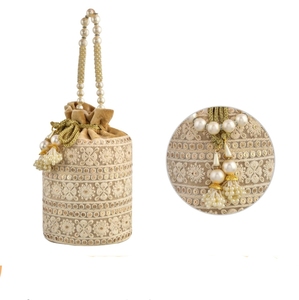 Bolsas de Potli para novia de seda bordada de primera calidad con adornos de cuentas de diamantes de perlas Cierre de cordón de color personalizado - Product Image 6