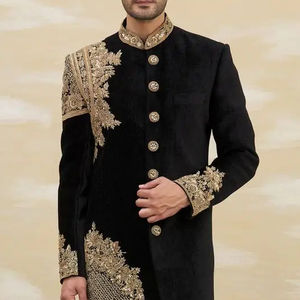 2024 Latest Trendy Gold Zari Embroidery Sherwani with Pant <b>Black</b> Party-Wear/<b>Wedding</b> <b>Dress</b> <b>Plus</b> <b>Size</b> Design - Product Image 1