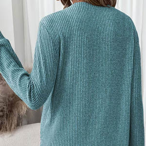 Pull en maille torsadée en polyester/coton à col long et manches longues, couleur unie bleu turquoise, style vintage élégant pour femmes, nouvelle collection hiver 2026 - Product Image 2