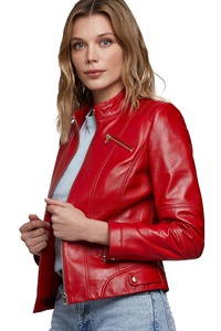 Vestes en cuir PU rouge de qualité supérieure pour femmes vêtements d'extérieur d'hiver imprimés avec décoration de broderie taille XL fermeture à glissière à col montant - Product Image 3