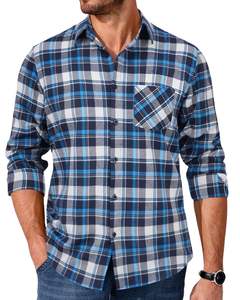 Chemise en flanelle à carreaux bleu et blanc pour homme, personnalisée, manches longues, boutonnée, avec poche poitrine, chaude, douce, OEM sur mesure - Product Image 1