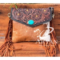 Sacs à bandoulière en cuir de vachette à franges en cuir usiné à la main de tournesol pour les cheveux occidentaux des femmes sur et sac à main en pierre Turquoise en cuir véritable