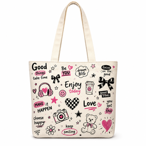Bolsa de tela de algodón con estampado lindo y citas positivas y dibujos para regalos promocionales, estilo lona, para compras. - Product Image 1