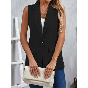 Veste en satin sans manches pour femme, col à bouton unique sur le devant, 32945 - Noir - Product Image 3