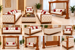 Juego de Sofás de Madera de Teca de Diseño Moderno con Sofá Tapizado en Cuero para Sala de Estar, Juego de Sofás de Madera de Teca para Sala de Estar, Oferta en EE. UU. - Product Image 4