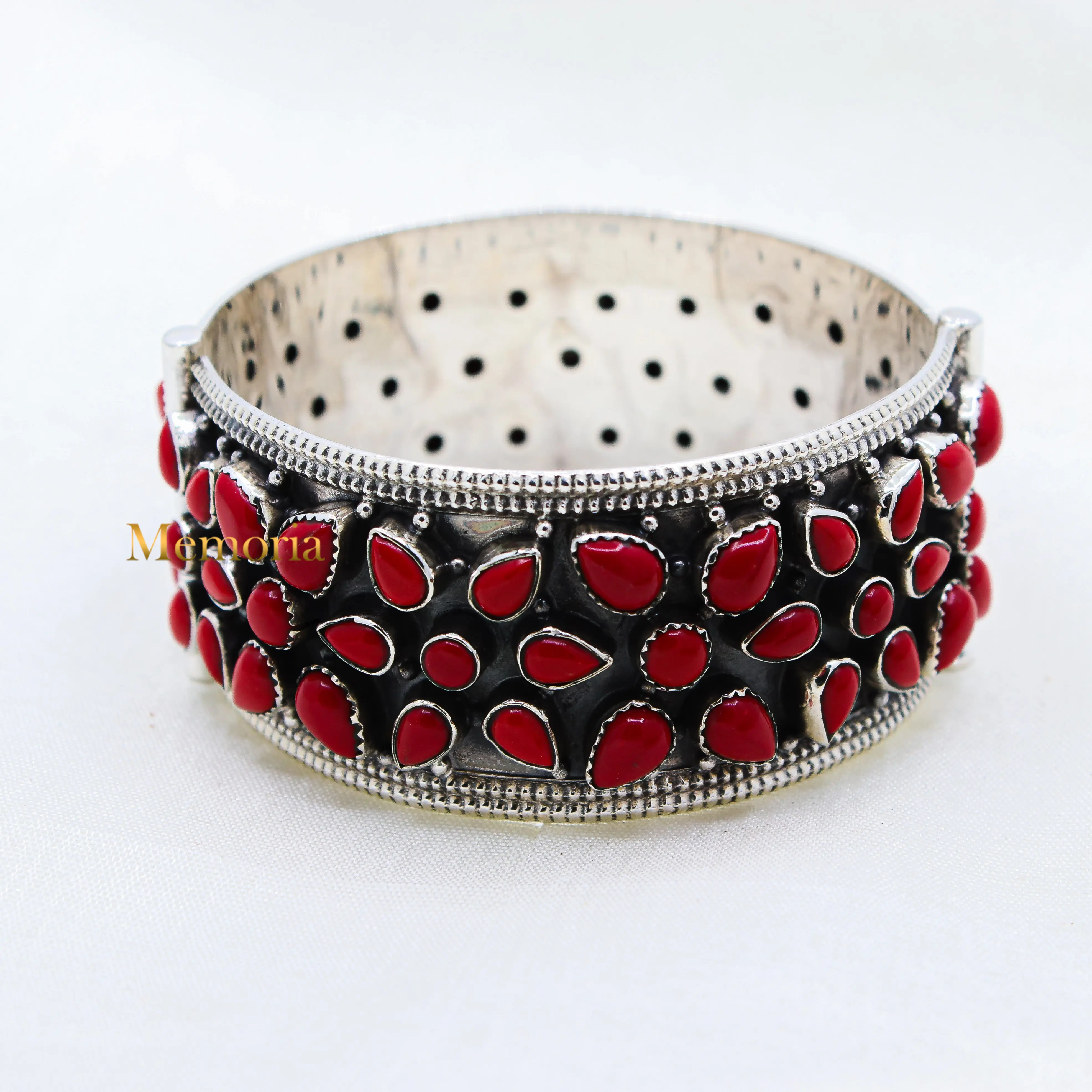 925 Sterling Zilver Natuurlijk Rood Koraal Edelsteen Armband Zilver Kada Geoxideerd Armband Sieraden Voor Groothandel