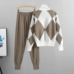 Conjuntos de 2 piezas de punto para mujer, suéter, chándales, jerséis de cuello alto de otoño, Top + pantalones bombachos de punto, 2 uds, chándales de invierno - Product Image 2