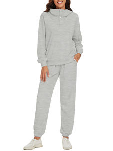 High Quality 350gsm <b>Women's</b> Long Sleeve Sweatshirt <b>Pant</b> Set Fall Winter New Fashion Solid Casual Ankle Buttoned Tracksuit - Product Image 2