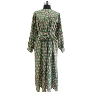 Green long dress women wear handmade block printed evening gown long tunic