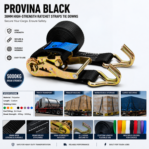 Correas de Amarre Provina Negras de 38 mm (1.5 Pulgadas) de Alta Resistencia con Certificación CE, Material de Poliéster, Ganchos Dobles en J, 5000 kg - Product Image 3