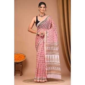 Sari en soie Banarasi en coton imprimé au bloc Kota Dorriya, dessiné à la main, style indien, doux, pour usage quotidien et fêtes, prix bas - Product Image 1