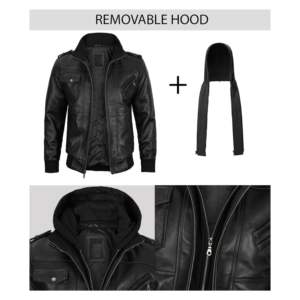 Chaqueta negra de cuero con capucha extraíble para hombre con diseño personalizado y logotipo con cremallera cerca del pecho un bolsillo y cremallera - Product Image 4