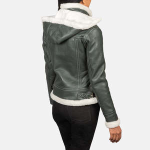 Veste en cuir Fiona Green Shearling avec capuche, légère, coupe-vent, style bomber, logo personnalisé, pour l'hiver - Product Image 5