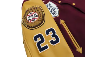 High Quality 2026 New Design <b>Burgundy</b> Premium Wool Body Genuine <b>Leather</b> Sleeves Canvas Eco-Friendly Windproof Varsity <b>Jacket</b> - Product Image 3