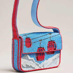 Sac à bandoulière perlé pour femme, petit format, bleu, motif scène de ski d'hiver, sac rectangulaire avec broderie gondole et perles de rocaille, le plus vendu - Product Image 1