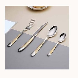Manufacturer in India Luxury Stainless Steel Silver Polished With Gold Ribbed & Leaf End Handle Cutlery Set New Look Cutlery Set - Product Image 5