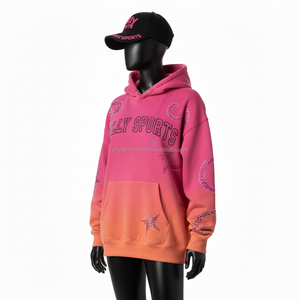 Sudadera con Capucha para Mujer, Lavado Ácido, 320GSM, Algodón y Poliéster, Felpa, Rosa Naranja Degradado, Logotipo Personalizado, Diseño con Pedrería, Corte Holgado - Product Image 4