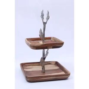 New Fancy Table Top Wooden <b>Cake</b> Stand Vintage Square Shape 2 <b>Tier</b> Tray Teak Wood and Silver Leaf Design Stand - Product Image 1