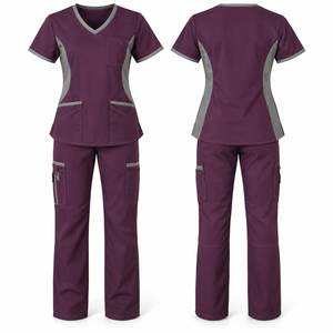 Conjunto de Uniforme Médico Personalizado para Mujer, Color Morado con Detalles Grises, Blusa con Cuello en V, Pantalones Cargo, Uniformes de Hospital, Tela de Poliéster Tejida - Product Image 1